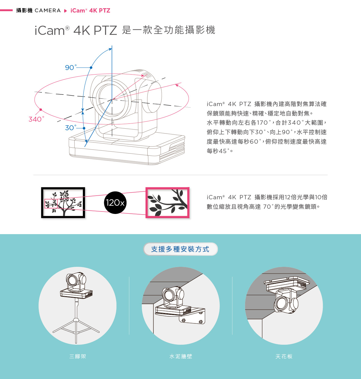 iCam 4K PTZ 采用先进 AI 人形追踪技术，可在单台摄影机下自动切换多位讲者追踪，或由多台摄影机分工追踪不同对象，确保画面不混肴不中断，特别适用于教育讲座、研讨会与实况转播，搭载 4K 高解析画质与精准追焦与定位演算，免人力控镜也能同步拍摄多位讲者，是自动化录影系统中不可或缺的专业级 4K 自动追踪摄影机。
