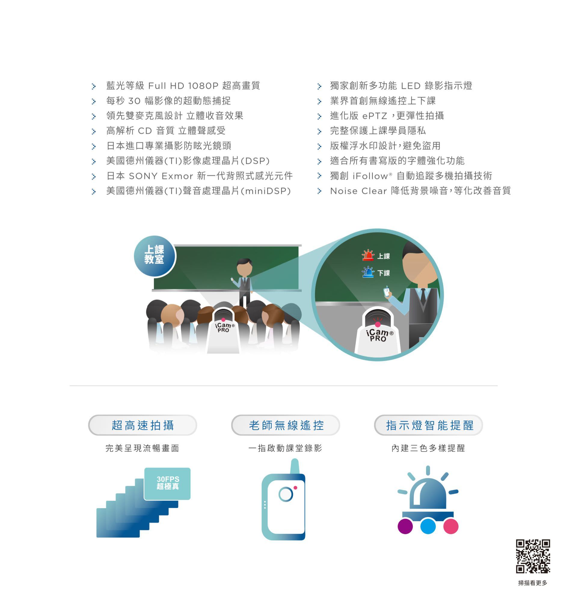 iCam PRO 摄影机支持 Full HD 1080P 超高画质与 30FPS 影象输出，搭载 SONY Exmor 感光组件与 TI DaVinci 处理芯片，提供高解析 CD 音质与 Noise Clear 降噪技术，支持 iFollow 自动追踪、智能三色指示灯提示上课状态与 ePTZ 电子云台构图，教师可透过无线遥控器一键启录，是数位教学与课程录影的智能摄影设备。