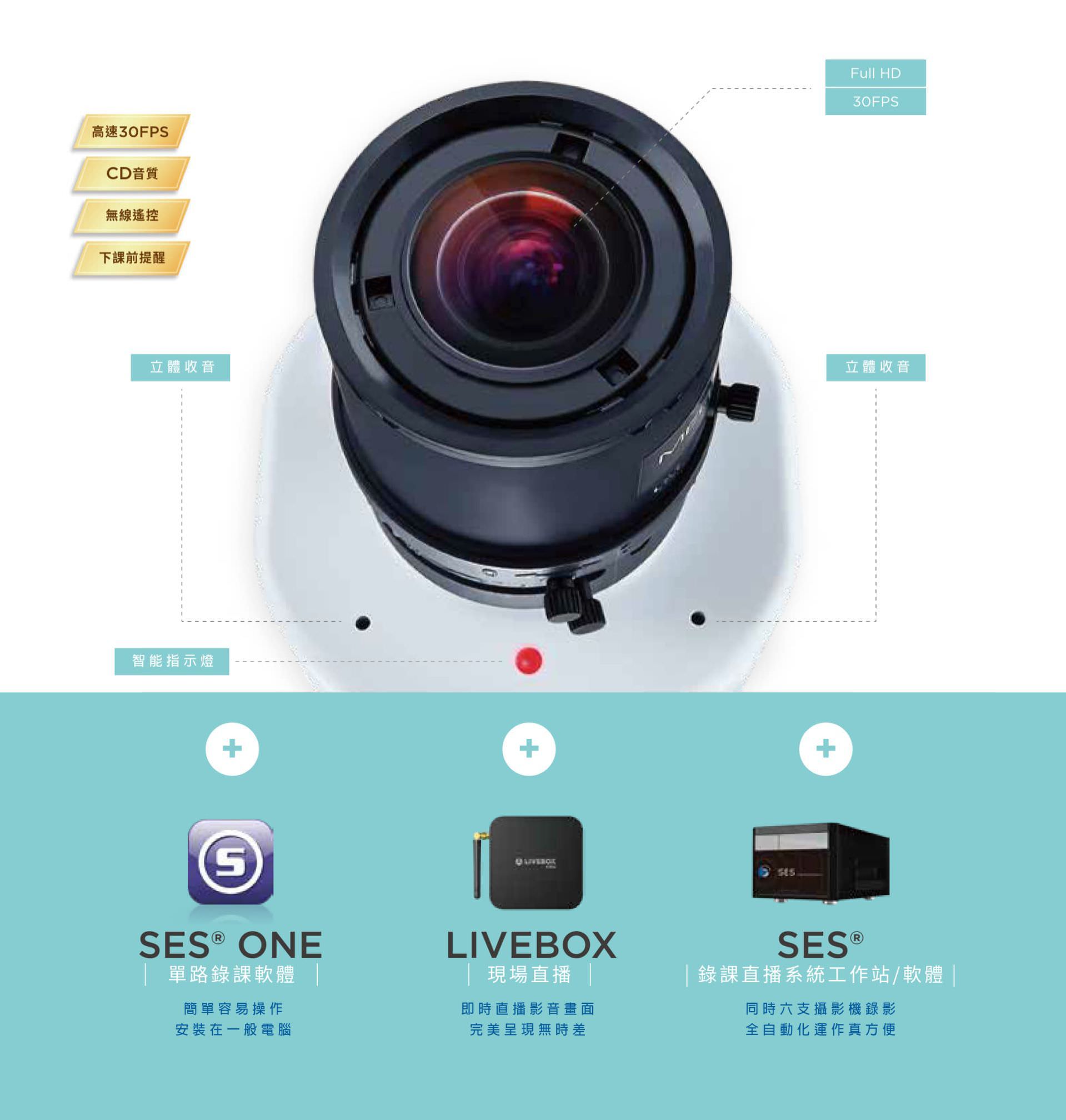 iCam PRO 超高画质数位摄影机支持 Full HD 画质与 30FPS 高速录影，具备立体收音、智能指示灯、CD 级音质与无线遥控启录功能，能与 SES One 录课软件、Livebox 即时直播与 SES 多机录制系统无缝整合，是教育机构实现课程拍摄、自动录影与现场直播的最佳教学影象设备。