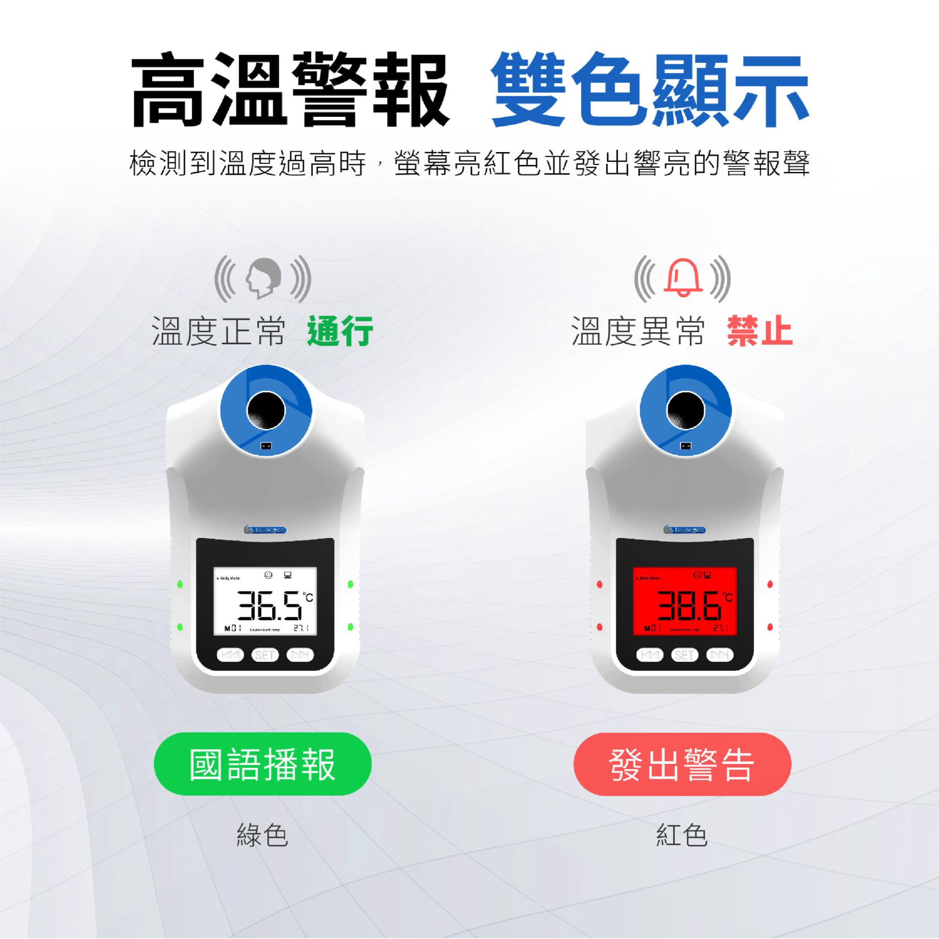 BE-4302安心量是一款新型測溫儀，疫情期間防止交叉感染，升級為非接觸模式，實時自動偵測，距離10cm範圍內自動語音提示，自帶超溫預警功能，適合學校、辦公室、公車、超市、停車場等環境使用，有壁掛式與支架兩種安裝方式。