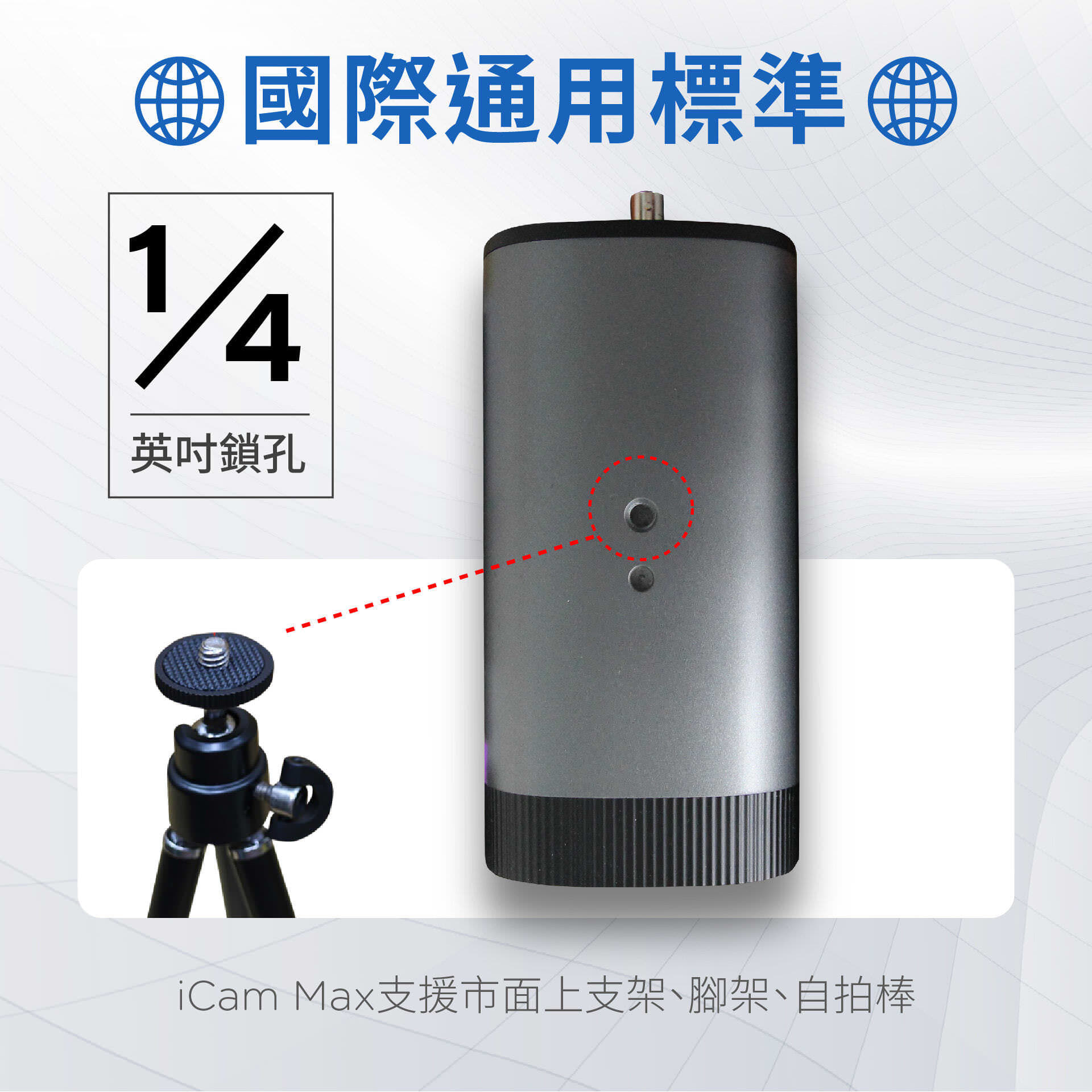 iCamMax摄影机采用国际标准1/4寸螺丝孔